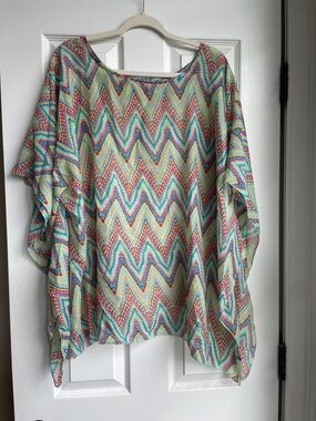 Lightweight Chevron Poncho Top in Aqua & Coral